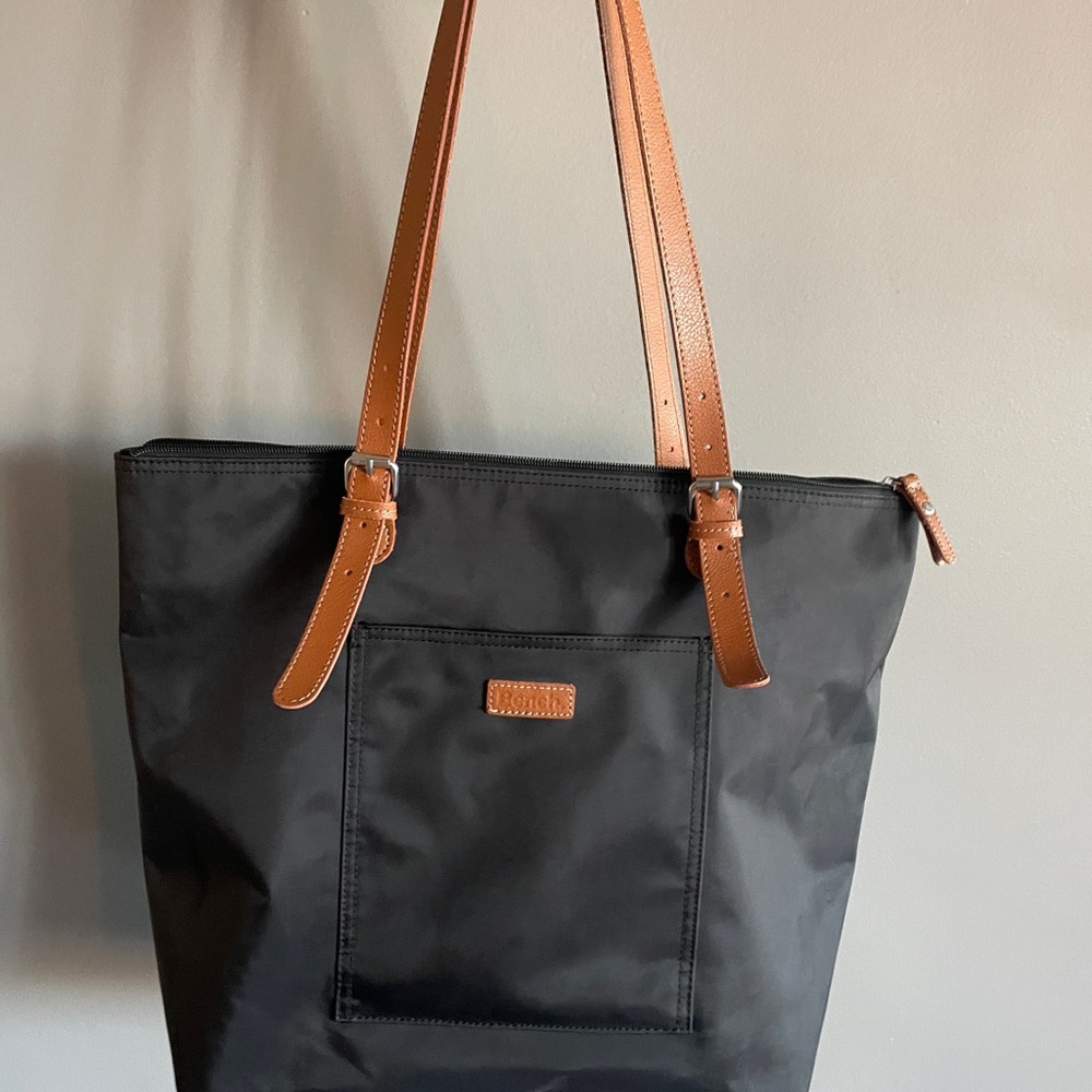 Black Nylon Tote Bag with Tan Leather Straps